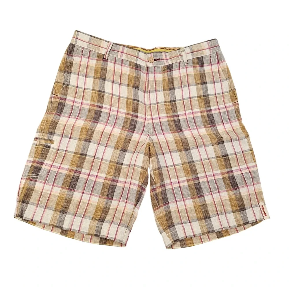 Tommy Bahama Relax Mens 34‎ Tartan Plaid 100% Linen Flat Front Shorts Tropical